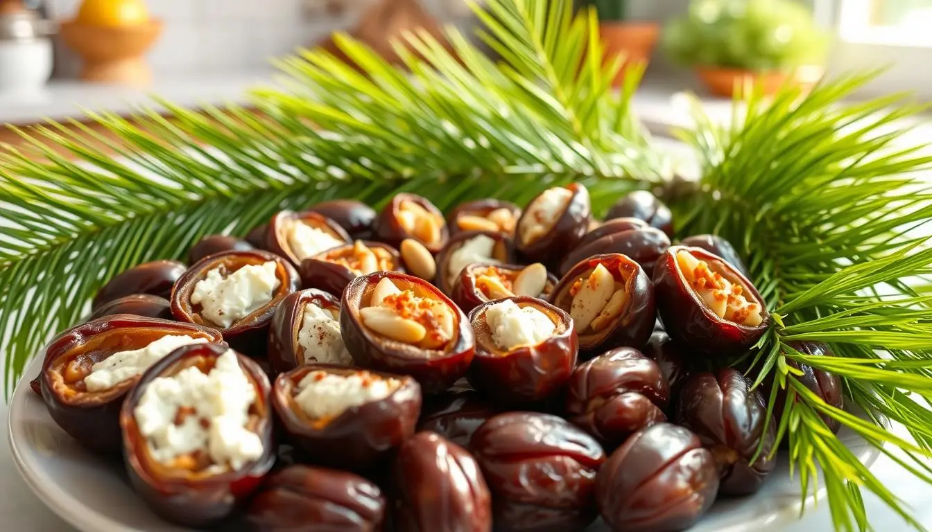 A beautifully arranged platter of stuffed dates, featuring various fillings like cream cheese, almonds, and spices, surrounded by fresh date palms with lush green fronds in a sunlit kitchen setting, showcasing vibrant colors and textures.