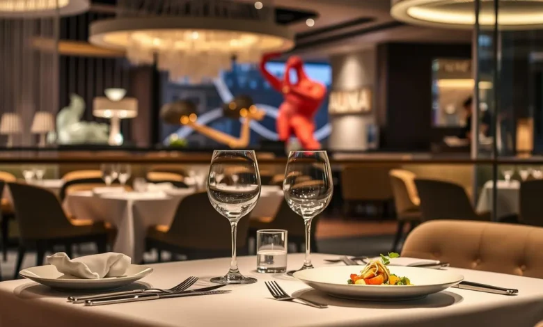 A luxurious dining table set for two, elegantly arranged with fine china and crystal glassware, surrounded by ambient lighting. The backdrop features the modern interior of Alinea restaurant, showcasing innovative decor elements and artistic culinary presentations. Delicate dishes are artistically plated, with vibrant colors and textures, capturing a gourmet atmosphere.