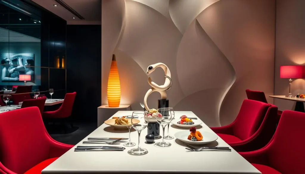 <"An extravagant avant-garde dining scene at Alinea, featuring an elegant table set for two, exquisite and artistic dishes beautifully plated, surreal dessert presentations, vibrant colors, modern decor, soft ambient lighting creating an intimate atmosphere, abstract sculptures as centerpieces