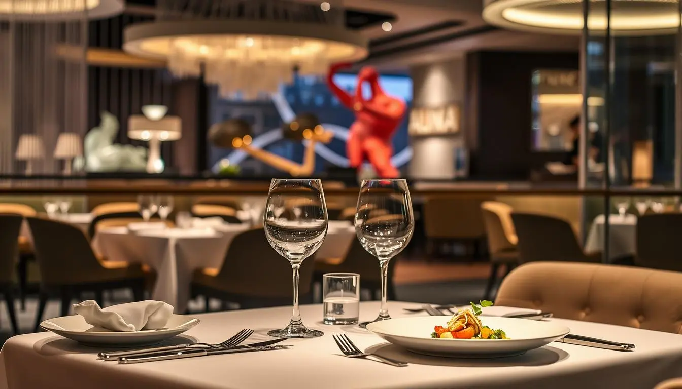 A luxurious dining table set for two, elegantly arranged with fine china and crystal glassware, surrounded by ambient lighting. The backdrop features the modern interior of Alinea restaurant, showcasing innovative decor elements and artistic culinary presentations. Delicate dishes are artistically plated, with vibrant colors and textures, capturing a gourmet atmosphere.