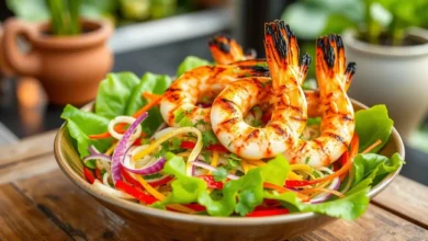 A vibrant lotus salad featuring fresh, crisp lotus roots, colorful julienne vegetables, and bright herbs, topped with succulent grilled jumbo prawns glistening with a light char, served in an elegant bowl on a rustic wooden table, with a backdrop of a softly blurred garden setting.