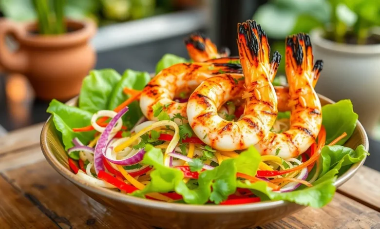 A vibrant lotus salad featuring fresh, crisp lotus roots, colorful julienne vegetables, and bright herbs, topped with succulent grilled jumbo prawns glistening with a light char, served in an elegant bowl on a rustic wooden table, with a backdrop of a softly blurred garden setting.