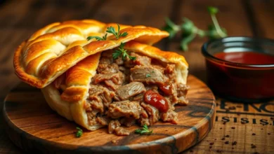 A beautifully arranged pulled pork pie, golden flaky crust with visible tender pulled pork filling, garnished with fresh herbs, served on a rustic wooden table, warm lighting enhancing the inviting atmosphere, side of tangy barbecue sauce in a small bowl, scattered pepper flakes.