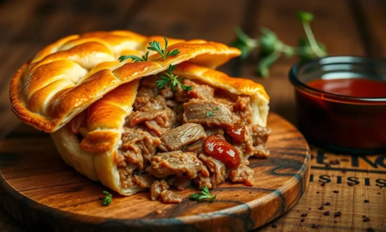 A beautifully arranged pulled pork pie, golden flaky crust with visible tender pulled pork filling, garnished with fresh herbs, served on a rustic wooden table, warm lighting enhancing the inviting atmosphere, side of tangy barbecue sauce in a small bowl, scattered pepper flakes.