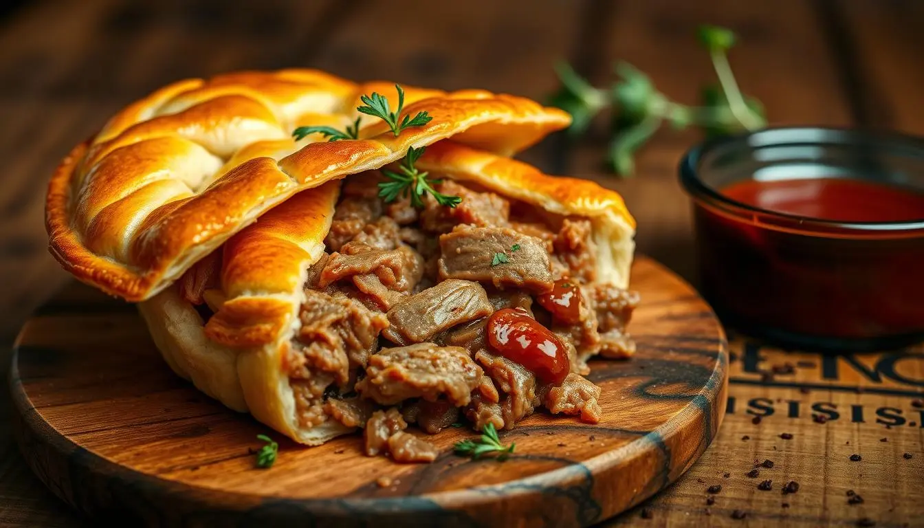 A beautifully arranged pulled pork pie, golden flaky crust with visible tender pulled pork filling, garnished with fresh herbs, served on a rustic wooden table, warm lighting enhancing the inviting atmosphere, side of tangy barbecue sauce in a small bowl, scattered pepper flakes.