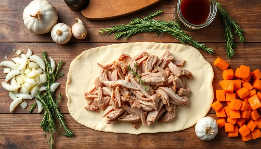 A beautifully arranged flat lay of ingredients for pulled pork pie, showcasing succulent pulled pork, flaky pastry crust, aromatic herbs like thyme and rosemary, diced onions, garlic cloves, chopped carrots, and a hint of BBQ sauce, all set on a rustic wooden table with subtle kitchen utensils in the background.