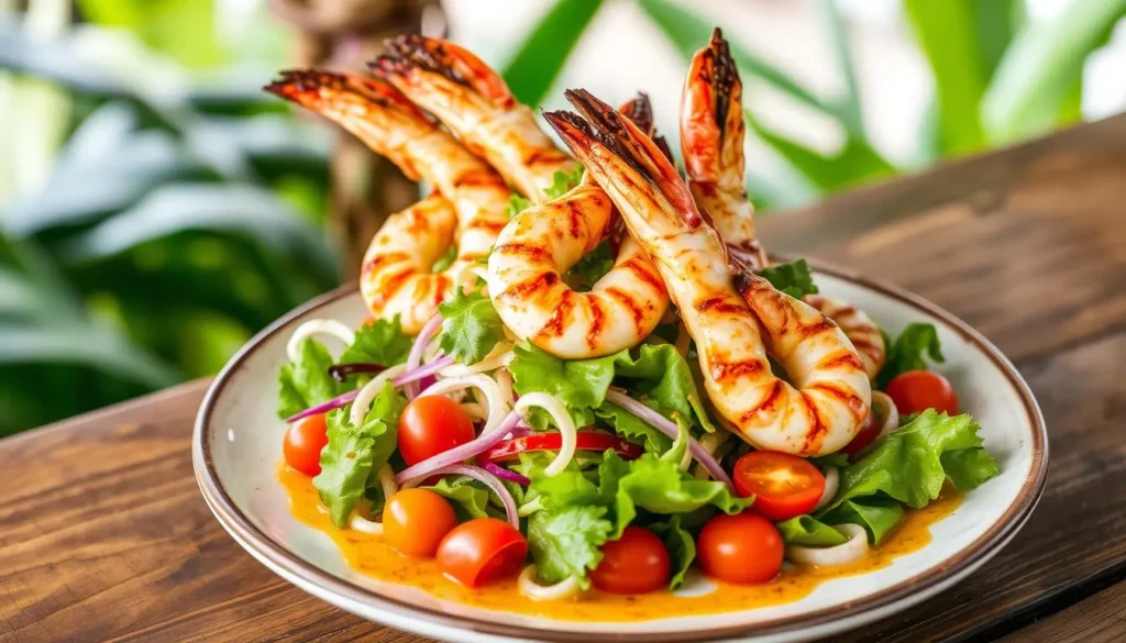 A vibrant and colorful plate of lotus salad topped with grilled jumbo prawns, featuring fresh greens, thinly sliced lotus root, cherry tomatoes, and a drizzle of zesty dressing, beautifully arranged on a rustic wooden table, with a soft focus background of tropical greenery.