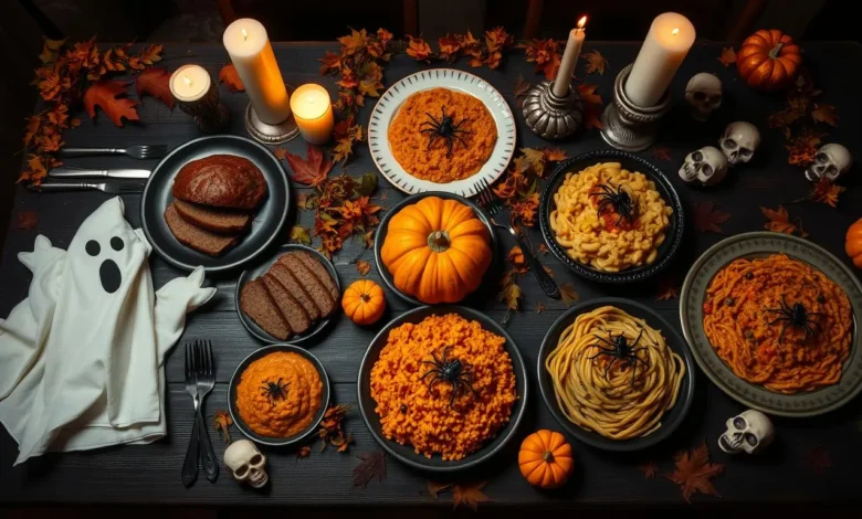 A spooky feast table adorned with Halloween-themed main dishes, including ghost-shaped meatloaf, pumpkin risotto, and spiderweb pasta, surrounded by eerie candlelight and autumn leaves, with decorative skulls and mini pumpkins as accents.