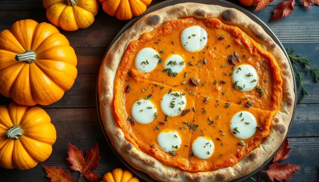 A delicious pizza topped with vibrant orange pumpkin puree, sprinkled with savory herbs, mozzarella cheese melting on top, surrounded by festive mini pumpkins and autumn leaves on a rustic wooden table, warm and inviting ambiance of a Halloween feast.