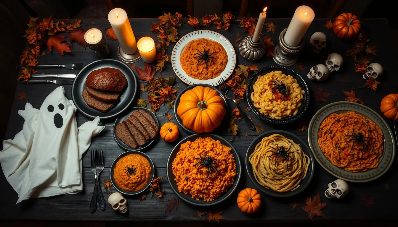 A spooky feast table adorned with Halloween-themed main dishes, including ghost-shaped meatloaf, pumpkin risotto, and spiderweb pasta, surrounded by eerie candlelight and autumn leaves, with decorative skulls and mini pumpkins as accents.