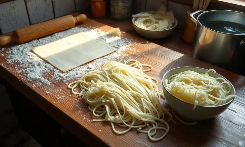 A rustic kitchen scene showcasing the process of making homemade vermicelli noodles, with a wooden countertop covered in flour, a rolling pin, and thinly rolled sheets of dough being cut into delicate strips, soft sunlight streaming in through a window illuminating the ingredients, a bowl of fresh noodles resting nearby, and a pot of boiling water ready for cooking.