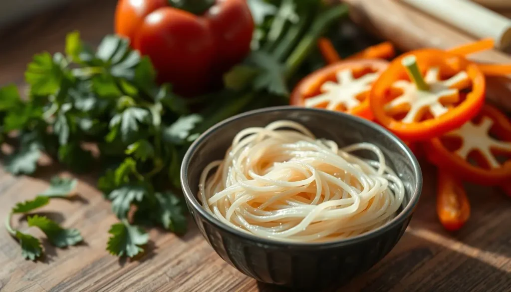 A close-up image of a bowl of translucent vermicelli noodles, glistening under soft natural light, surrounded by fresh herbs like cilantro and mint, with colorful vegetables like bell peppers and carrots sliced thinly, all arranged elegantly on a wooden table, evoking a sense of freshness and culinary delight.