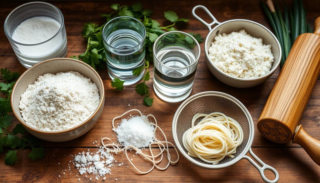 A rustic wooden countertop adorned with an array of ingredients for homemade vermicelli noodles: a bowl of fine rice flour, a container of tapioca starch, a glass of water, and a sprinkle of salt. Include a rolling pin and a delicate sieve, surrounded by fresh herbs like cilantro and green onions, with soft, diffused natural light illuminating the scene.