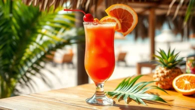 A vibrant and colorful hurricane cocktail placed on a wooden bar top, surrounded by tropical decorations. The drink has a rich orange and purple gradient, garnished with fresh fruit slices like oranges and cherries. In the background, there are palm leaves and a blurred beach setting, with soft sunlight illuminating the scene.