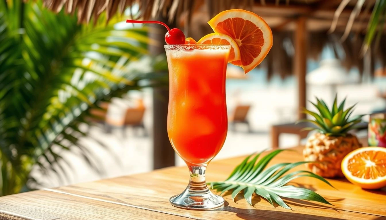 A vibrant and colorful hurricane cocktail placed on a wooden bar top, surrounded by tropical decorations. The drink has a rich orange and purple gradient, garnished with fresh fruit slices like oranges and cherries. In the background, there are palm leaves and a blurred beach setting, with soft sunlight illuminating the scene.