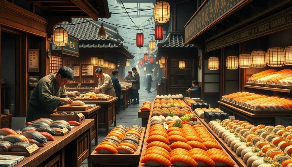 A historical scene depicting the evolution of nigiri sushi, showcasing traditional Edo-period Tokyo streets with vendors preparing fish and rice, intricate wooden sushi counters, vibrant market atmosphere, various types of nigiri sushi on display, emphasizing the cultural significance and craftsmanship, warm lighting and rich colors.