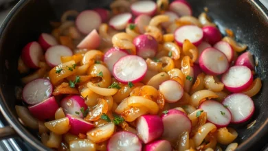 A vibrant scene of sautéed onions and radishes in a rustic skillet, showcasing caramelized golden onions mingling with bright pink and white radishes, steam rising, with a sprinkle of fresh herbs and a soft glow of kitchen light illuminating the colors.