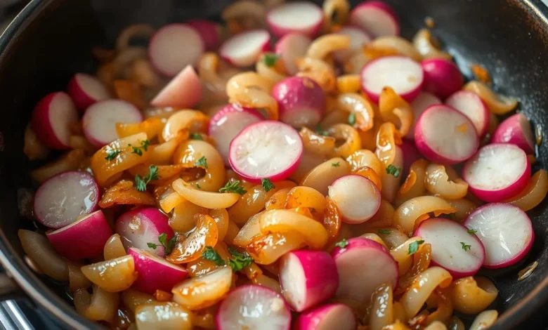 A vibrant scene of sautéed onions and radishes in a rustic skillet, showcasing caramelized golden onions mingling with bright pink and white radishes, steam rising, with a sprinkle of fresh herbs and a soft glow of kitchen light illuminating the colors.