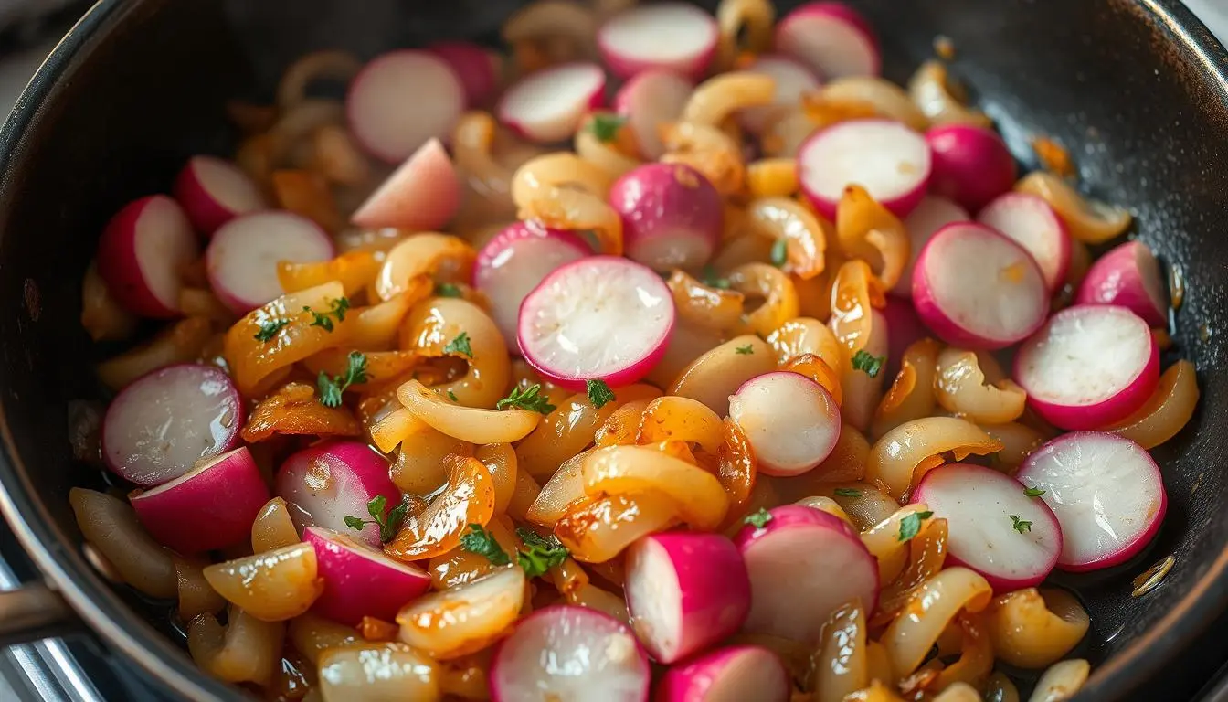 A vibrant scene of sautéed onions and radishes in a rustic skillet, showcasing caramelized golden onions mingling with bright pink and white radishes, steam rising, with a sprinkle of fresh herbs and a soft glow of kitchen light illuminating the colors.