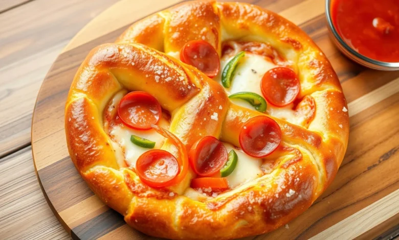 A freshly baked pretzel pizza, golden-brown crust shaped like a giant pretzel, topped with melted cheese, pepperoni slices, and colorful bell peppers, garnished with a sprinkle of coarse sea salt, served on a rustic wooden board with a side of marinara sauce for dipping.