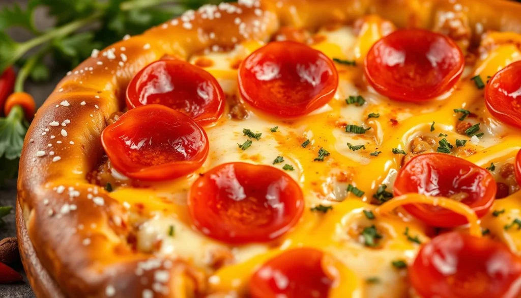 A mouthwatering close-up of a Little Caesars pretzel pizza, showcasing a golden-brown, soft pretzel crust sprinkled with coarse sea salt, melted cheese bubbling on top, and generous toppings of pepperoni and gooey cheese drizzled with a savory cheese sauce, surrounded by fresh ingredients like herbs and spices for a vibrant, appetizing presentation.