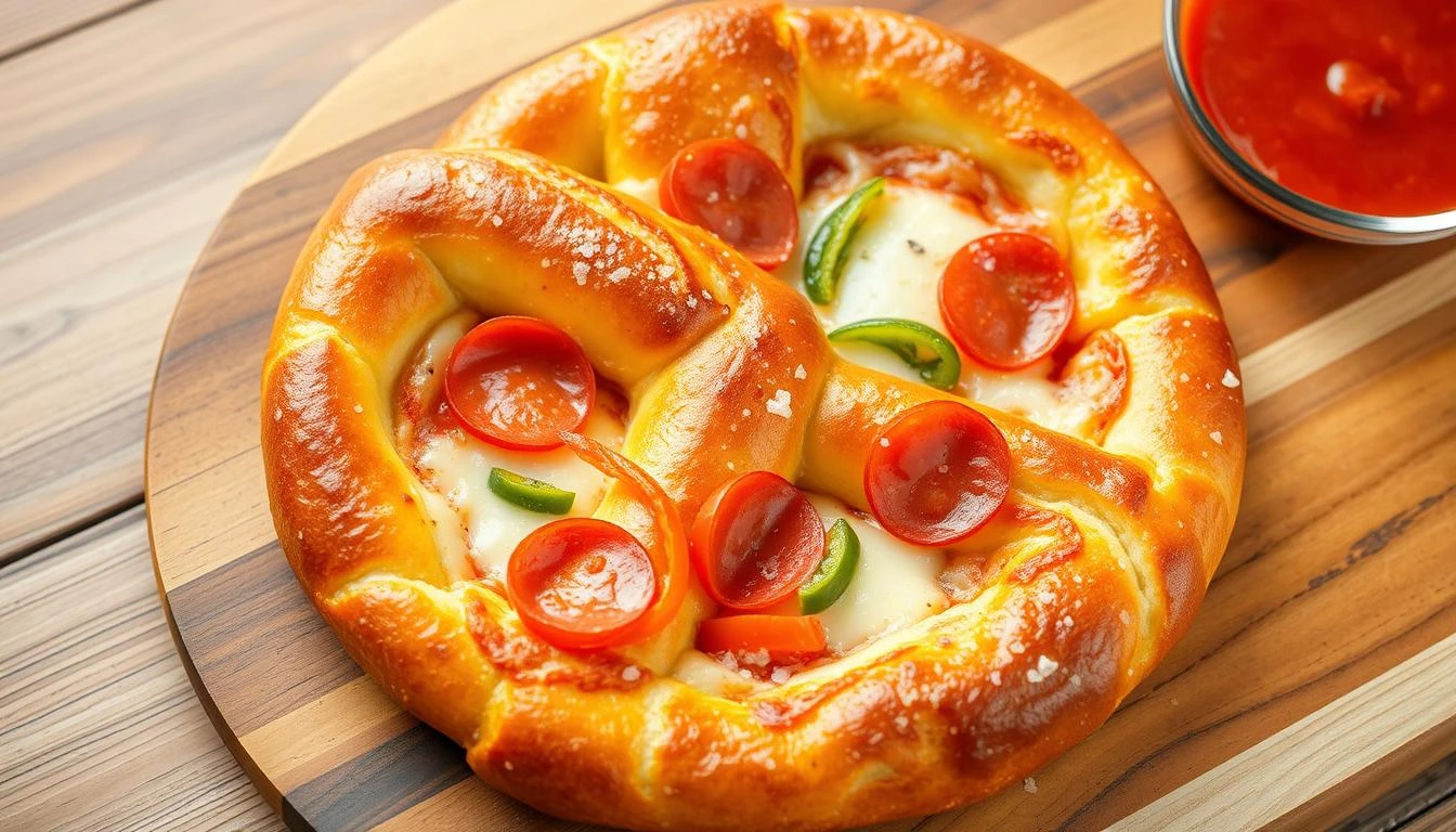 A freshly baked pretzel pizza, golden-brown crust shaped like a giant pretzel, topped with melted cheese, pepperoni slices, and colorful bell peppers, garnished with a sprinkle of coarse sea salt, served on a rustic wooden board with a side of marinara sauce for dipping.