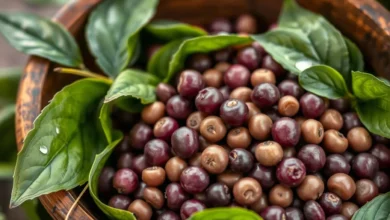 "Close-up of fresh purple hull peas in a rustic wooden bowl, surrounded by lush green leaves, soft natural lighting highlighting their vibrant color and texture, with a hint of Southern charm."