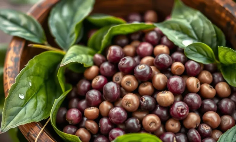 "Close-up of fresh purple hull peas in a rustic wooden bowl, surrounded by lush green leaves, soft natural lighting highlighting their vibrant color and texture, with a hint of Southern charm."