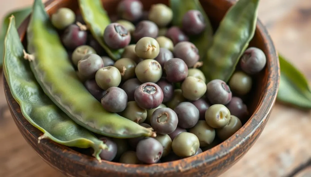 A close-up view of fresh purple hull peas in a rustic bowl, featuring vibrant green pods with purple speckles, set against a wooden table background with soft natural lighting highlighting their texture and color.