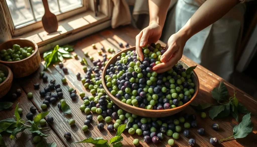 A rustic kitchen scene with a wooden table filled with fresh purple hull peas, hands gently shelling the peas into a bowl, bright natural lighting streaming through a nearby window, vibrant green leaves and pods scattered around, a textured backdrop of faded kitchen utensils and cotton fabrics, evoking a warm Southern comfort atmosphere.