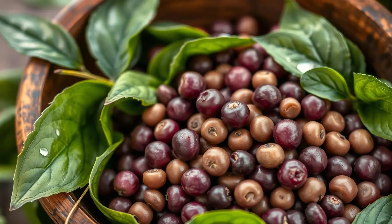 "Close-up of fresh purple hull peas in a rustic wooden bowl, surrounded by lush green leaves, soft natural lighting highlighting their vibrant color and texture, with a hint of Southern charm."