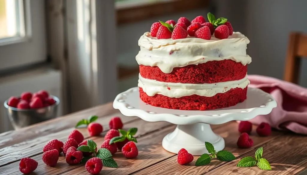 A decadent red velvet cake with cream cheese frosting, beautifully layered and placed on an elegant white cake stand, surrounded by fresh raspberries and mint leaves on a rustic wooden table, soft natural light illuminating the scene.
