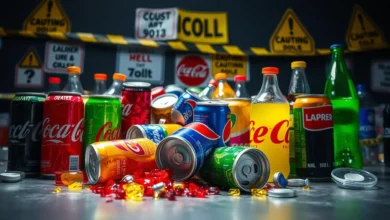 A close-up view of a variety of colorful soft drink cans and bottles displayed on a table, some tipped over and spilling their contents, with a background of caution tape and warning signs. The scene is illuminated by soft, dramatic lighting to emphasize the chaos of the recall.