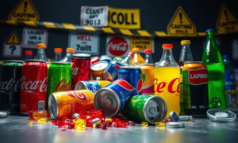 A close-up view of a variety of colorful soft drink cans and bottles displayed on a table, some tipped over and spilling their contents, with a background of caution tape and warning signs. The scene is illuminated by soft, dramatic lighting to emphasize the chaos of the recall.