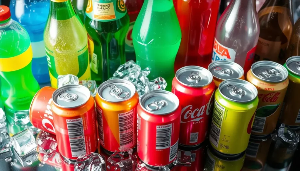 An array of colorful soft drink cans and bottles, some with warning labels, arranged on a reflective surface, surrounded by ice and droplets of condensation, creating a sense of urgency and caution in a vibrant setting.