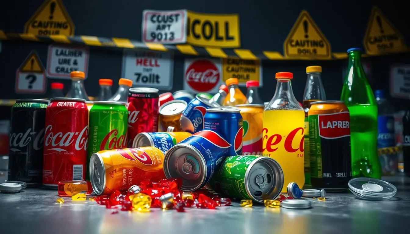 A close-up view of a variety of colorful soft drink cans and bottles displayed on a table, some tipped over and spilling their contents, with a background of caution tape and warning signs. The scene is illuminated by soft, dramatic lighting to emphasize the chaos of the recall.