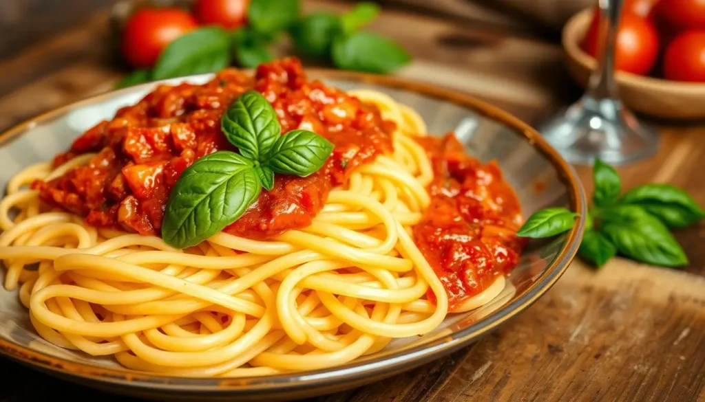 A close-up view of a plate of tonnarelli pasta, showcasing its distinctive thick, square-cut strands, garnished with vibrant fresh basil leaves and a rich, glossy tomato sauce, served in an elegant bowl on a rustic wooden table, with a soft focus background of Italian countryside ambiance.