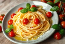 A beautifully presented plate of tonnarelli pasta, twirled into a nest shape, garnished with vibrant basil leaves, drizzled with rich olive oil, sprinkled with freshly grated Parmesan cheese, and surrounded by ripe cherry tomatoes, all against a rustic wooden table backdrop.