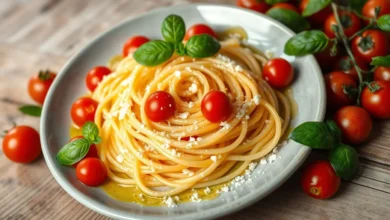 A beautifully presented plate of tonnarelli pasta, twirled into a nest shape, garnished with vibrant basil leaves, drizzled with rich olive oil, sprinkled with freshly grated Parmesan cheese, and surrounded by ripe cherry tomatoes, all against a rustic wooden table backdrop.