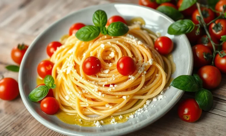 A beautifully presented plate of tonnarelli pasta, twirled into a nest shape, garnished with vibrant basil leaves, drizzled with rich olive oil, sprinkled with freshly grated Parmesan cheese, and surrounded by ripe cherry tomatoes, all against a rustic wooden table backdrop.