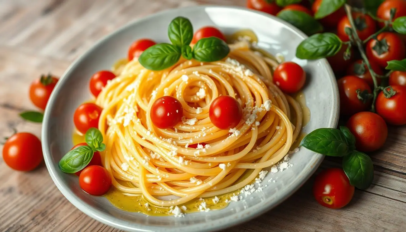 A beautifully presented plate of tonnarelli pasta, twirled into a nest shape, garnished with vibrant basil leaves, drizzled with rich olive oil, sprinkled with freshly grated Parmesan cheese, and surrounded by ripe cherry tomatoes, all against a rustic wooden table backdrop.