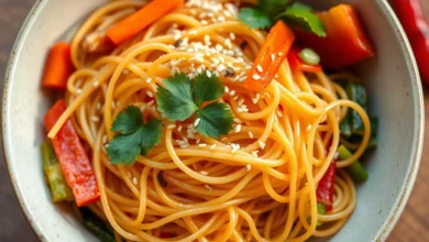 A close-up view of a bowl filled with delicate, golden-brown vermicelli noodles, glistening with a light drizzle of olive oil, surrounded by vibrant, fresh vegetables such as bell peppers, carrots, and green onions, accented by a sprinkle of sesame seeds and coriander leaves on top, with soft natural lighting highlighting the textures and colors of the dish.