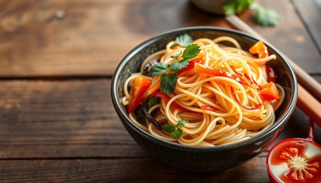 A close-up shot of a bowl of vermicelli noodles, elegantly arranged, garnished with fresh herbs and colorful vegetables, set against a rustic wooden table background, soft natural lighting highlighting its texture.