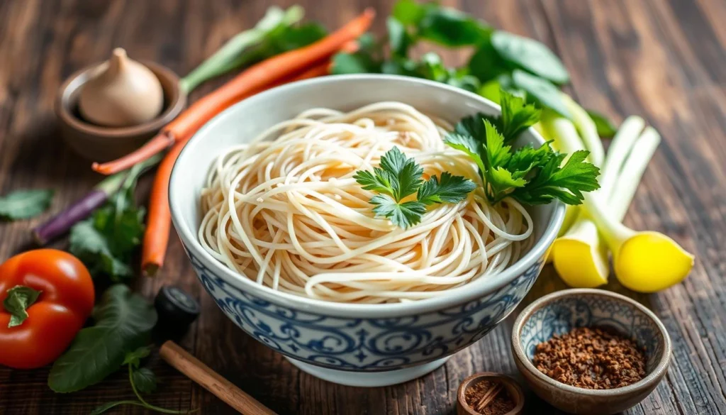 A bowl of delicate, thin vermicelli noodles elegantly arranged, surrounded by a variety of colorful ingredients like fresh vegetables, herbs, and spices, all set against a rustic wooden table backdrop with soft, natural lighting highlighting the textures.