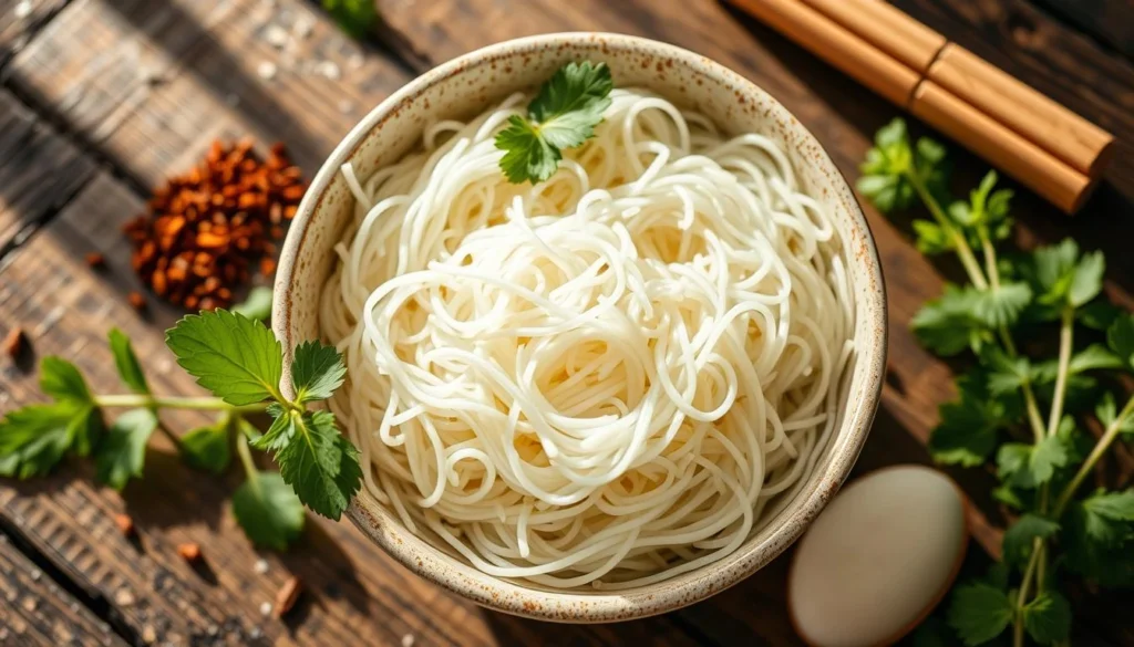 A close-up view of a bowl filled with delicate vermicelli rice, showcasing its thin, translucent strands, surrounded by fresh herbs and spices, placed on a rustic wooden table with natural light illuminating the scene, emphasizing texture and color contrasts.