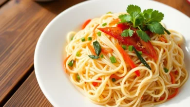 A beautifully plated dish of vermicelli rice, showcasing delicate strands of fluffy vermicelli intertwined with vibrant vegetables, garnished with fresh herbs and a hint of spices, set against a rustic wooden table background, with soft natural lighting highlighting the textures of the dish.