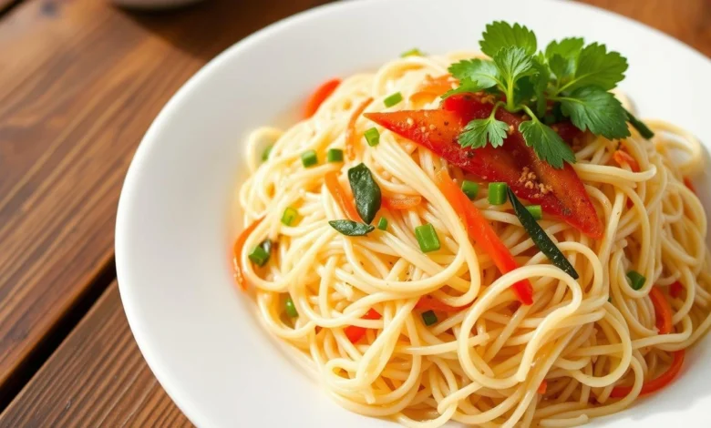 A beautifully plated dish of vermicelli rice, showcasing delicate strands of fluffy vermicelli intertwined with vibrant vegetables, garnished with fresh herbs and a hint of spices, set against a rustic wooden table background, with soft natural lighting highlighting the textures of the dish.