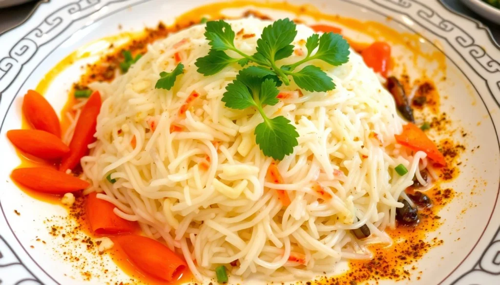 A beautifully arranged plate of vermicelli rice, garnished with fresh herbs and colorful vegetables, surrounded by an array of spices, served in an elegant bowl with a warm, inviting atmosphere.