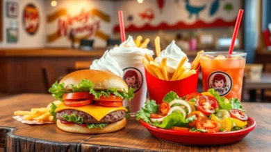 A vibrant and colorful display of various Wendy's menu items, including a juicy hamburger with fresh lettuce and tomato, crispy fries in a red container, a frosty dessert topped with whipped cream, and a refreshing salad with bright vegetables, all arranged on a rustic wooden table. The background features a cozy fast-food restaurant setting with soft lighting and playful decor.