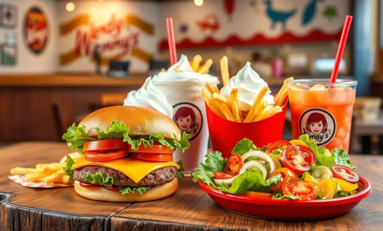 A vibrant and colorful display of various Wendy's menu items, including a juicy hamburger with fresh lettuce and tomato, crispy fries in a red container, a frosty dessert topped with whipped cream, and a refreshing salad with bright vegetables, all arranged on a rustic wooden table. The background features a cozy fast-food restaurant setting with soft lighting and playful decor.